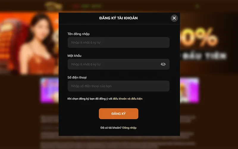 Giao diện mẫu khi đăng ký tài khoản tại VUA99